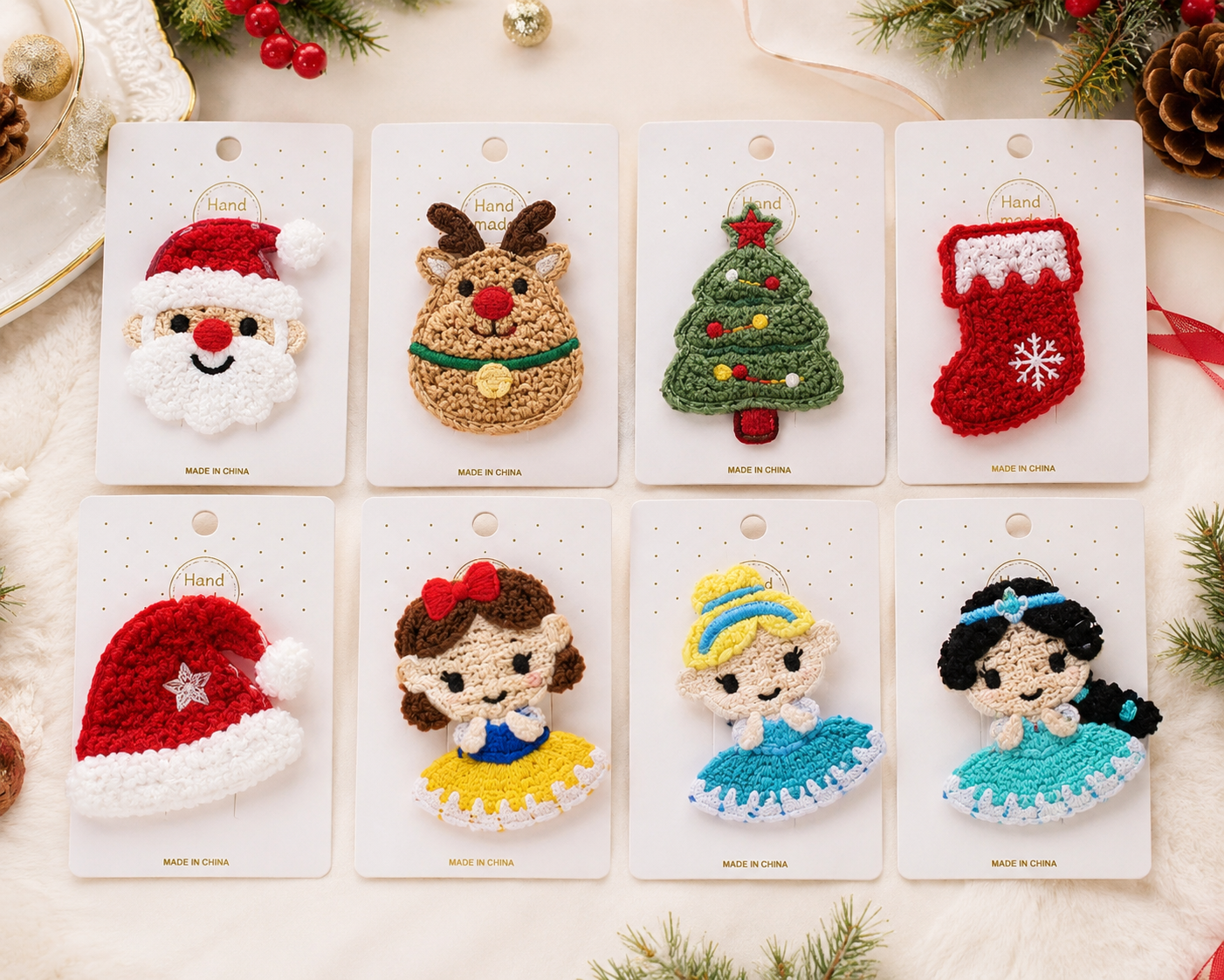 8PCS Christmas Princess & Holiday Hair Clip Set for Girls | Cute Embroidered Hair Accessories Gift Pack