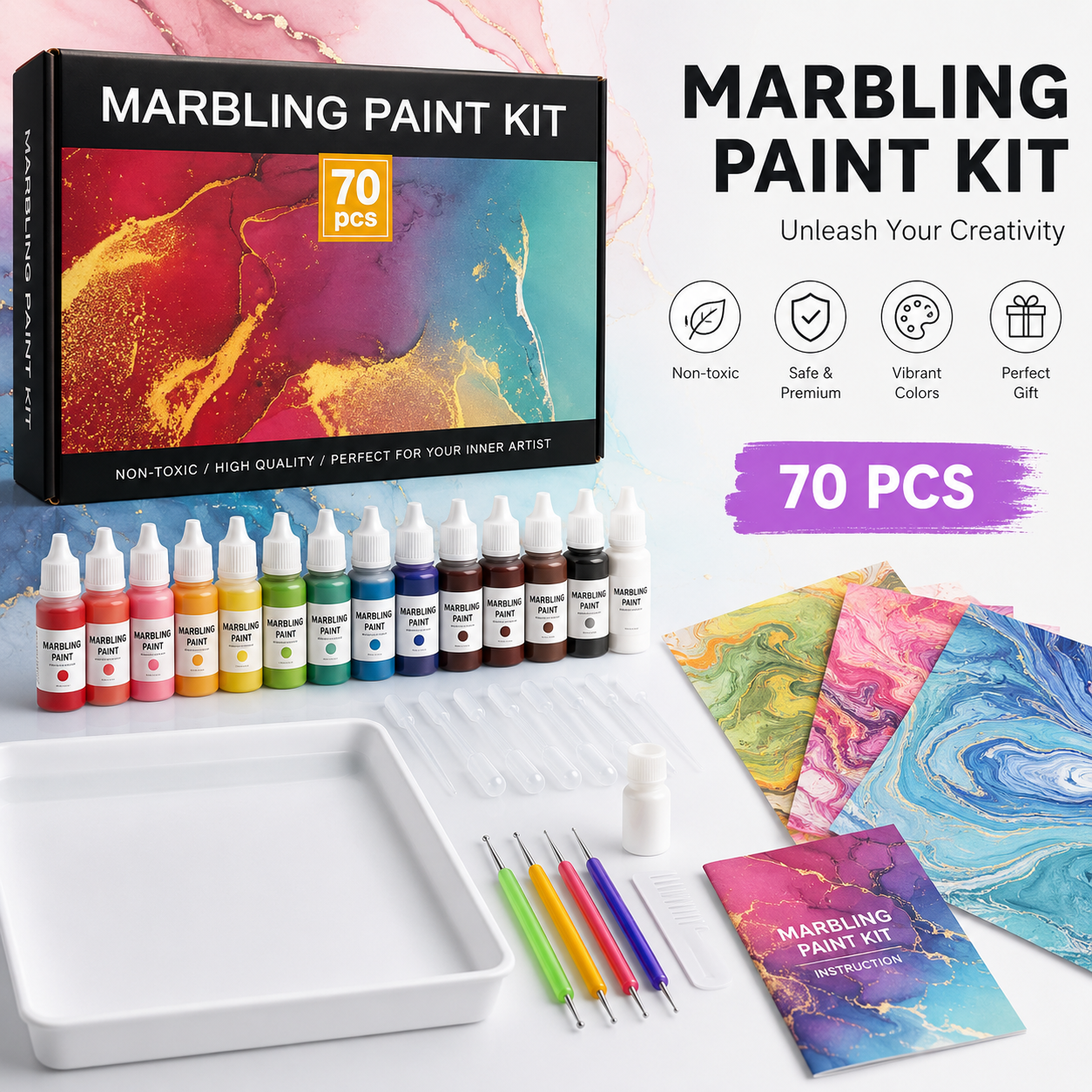 Marbling Paint Art Kit, 18 Colors Water Marbling kit, Water Art Paint Set, Arts and Crafts for Girls & Boys Ages 6-12